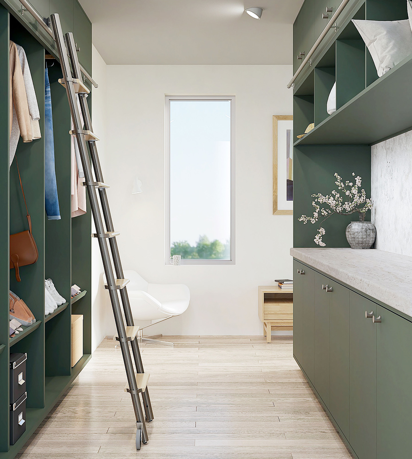 A walk in closet with an Alta rolling ladder allowing access to floor to ceiling shelves.