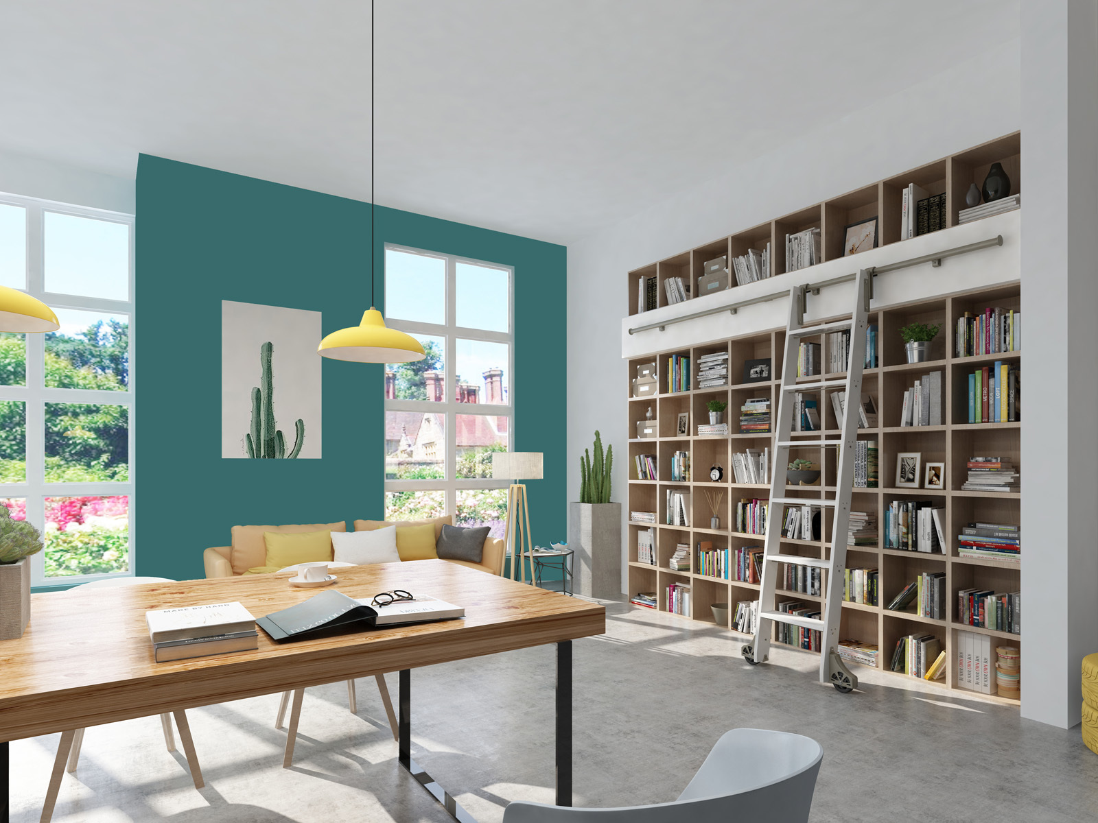 white meadowlane in library floor to ceiling bookshelves with ladder in a modern home, with clean modern furniture visible in front of a full wall of shelving and a white Meadowlane ladder from Putnam Rolling Ladder.